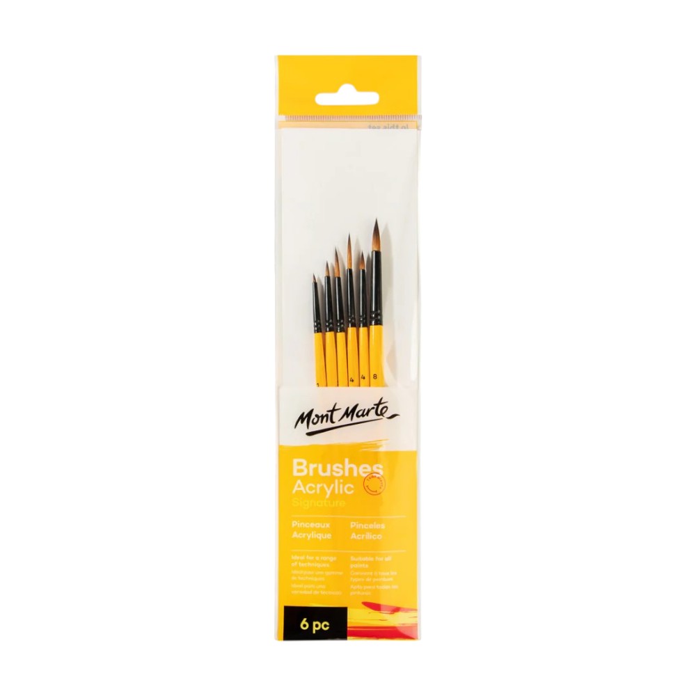 Mont Marte Acrylic Brushes Signature Set of 6 - Includes Detailer, Liner, Round Brushes for Acrylics
